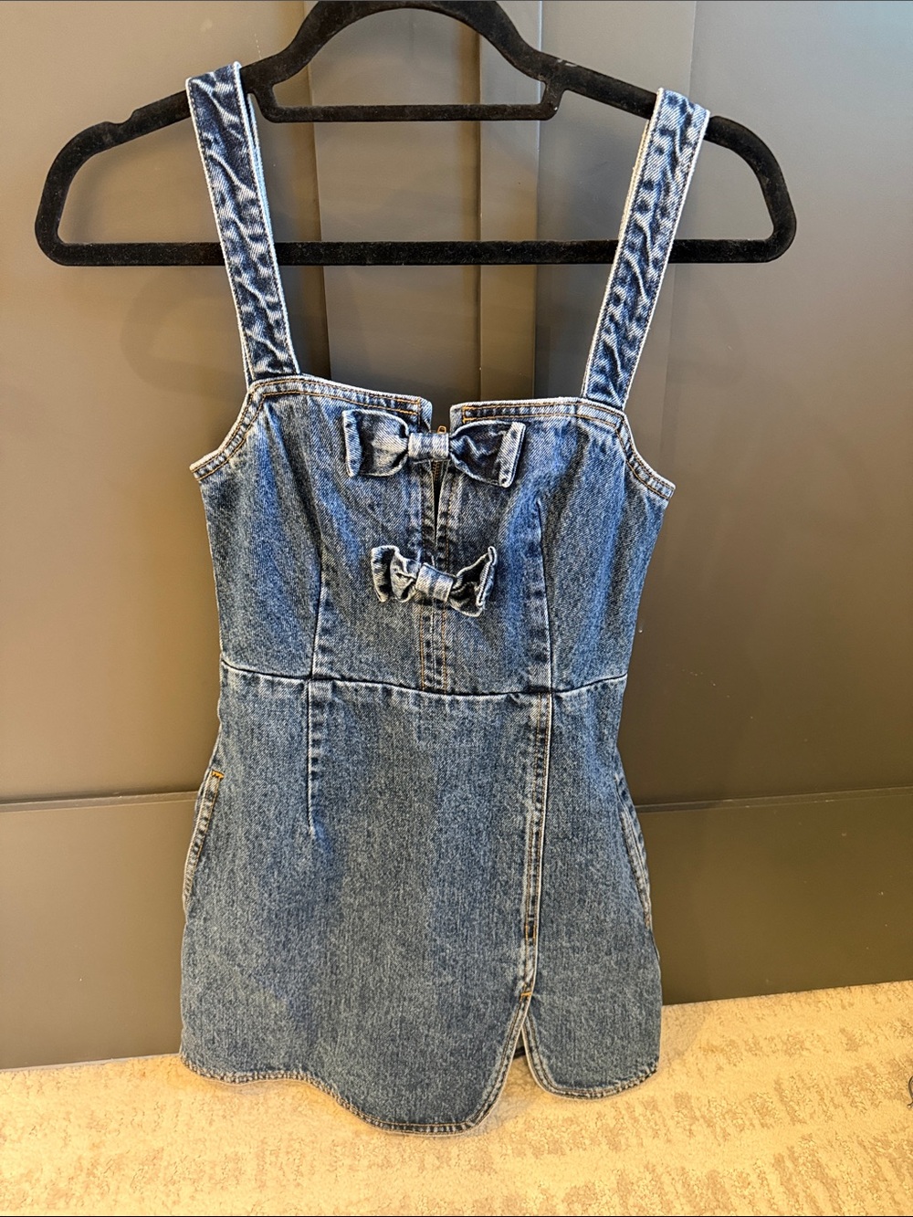 Self-Portrait Blue Denim Pinafore Mini Dress with Front Bows
